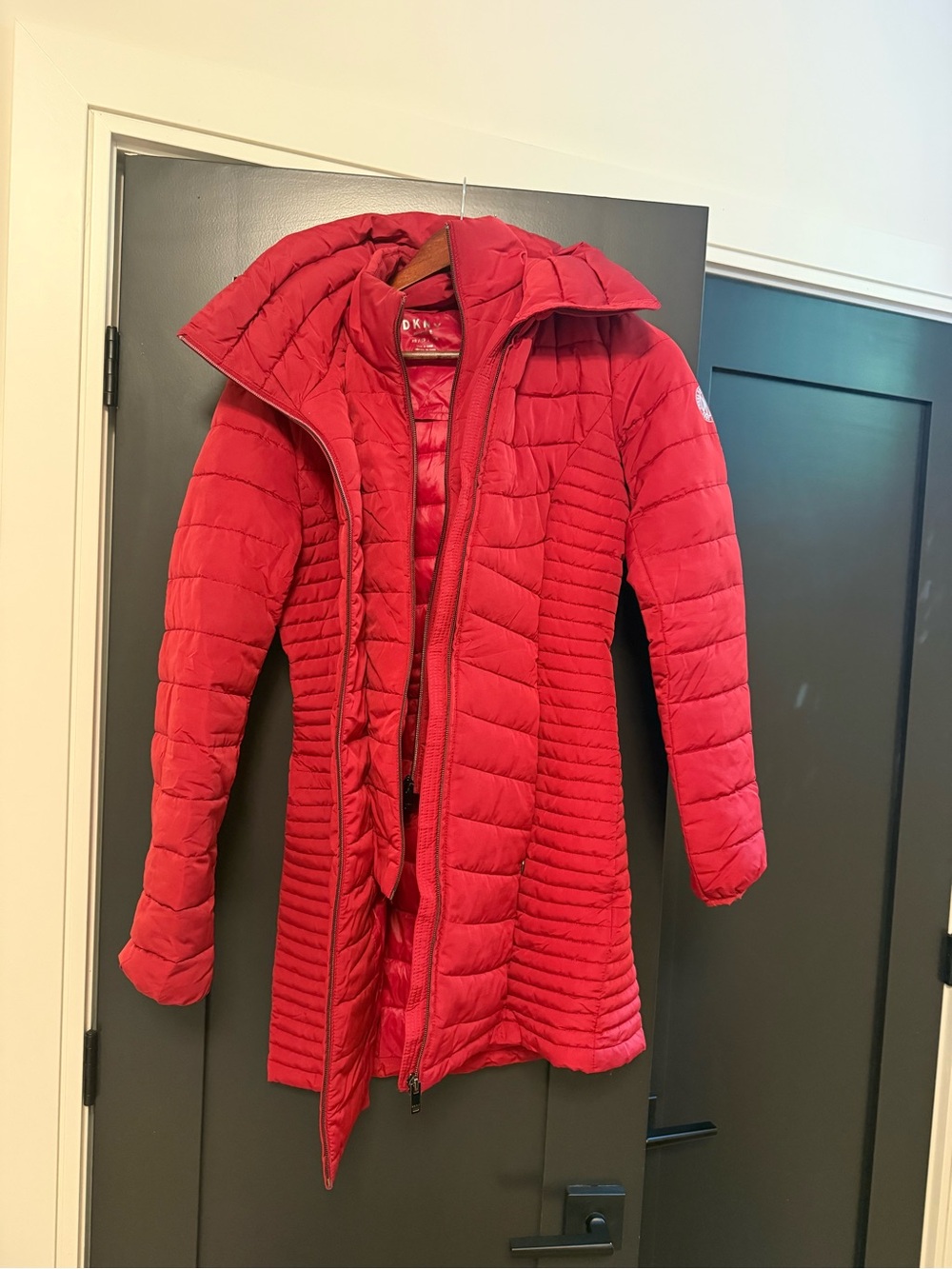DKNYC Bright Red Quilted Long Puffer Coat with Hood